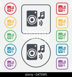 music column, disco, music, melody, speaker icon sign. symbol on the Round and square buttons with frame. Vector Stock Vector