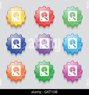 hard disk icon sign. symbol on nine wavy colourful buttons. Vector Stock Vector