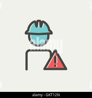 Worker in caution sign thin line icon Stock Vector