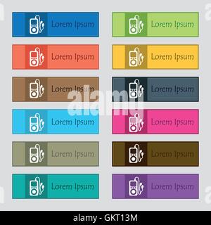 MP3 player, headphones, music icon sign. Set of twelve rectangular, colorful, beautiful, high-quality buttons for the site. Vector Stock Vector