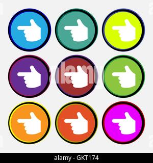 pointing hand icon sign. Nine multi-colored round buttons. Vector Stock Vector