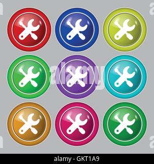 screwdriver, key, settings icon sign. symbol on nine round colourful buttons. Vector Stock Vector