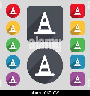 road cone icon sign. A set of 12 colored buttons and a long shadow. Flat design. Vector Stock Vector