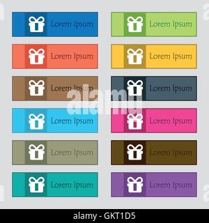 gift icon sign. Set of twelve rectangular, colorful, beautiful, high-quality buttons for the site. Vector Stock Vector