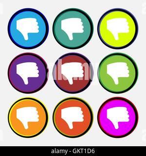 Dislike, Thumb down, Hand finger down icon sign. Nine multi-colored round buttons. Vector Stock Vector
