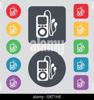 MP3 player, headphones, music icon sign. A set of 12 colored buttons. Flat design. Vector Stock Vector