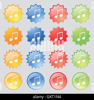 musical note, music, ringtone icon sign. Set from fourteen multi-colored glass buttons with place for text. Vector Stock Vector