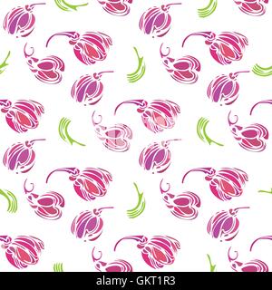 Vintage seamless pattern with decorative violet tulips and leaves. Stock Vector