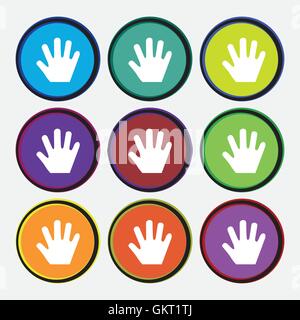 Hand icon sign. Nine multi colored round buttons. Vector Stock Vector