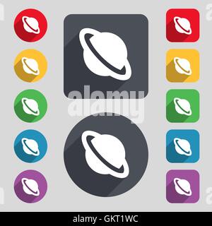 Jupiter planet icon sign. A set of 12 colored buttons and a long shadow. Flat design. Vector Stock Vector