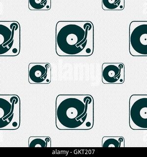 Gramophone, vinyl icon sign. Seamless pattern with geometric texture. Vector Stock Vector