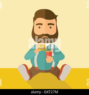 Fat man sitting while eating. Stock Vector