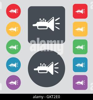 trumpet, brass instrument icon sign. A set of 12 colored buttons. Flat design. Vector Stock Vector