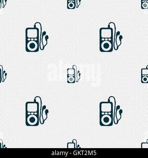 MP3 player, headphones, music icon sign. Seamless pattern with geometric texture. Vector Stock Vector