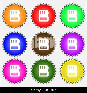 compact memory card  icon sign. A set of nine different colored labels. Vector Stock Vector