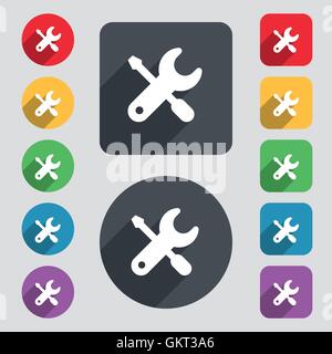 screwdriver, key, settings icon sign. A set of 12 colored buttons and a long shadow. Flat design. Vector Stock Vector