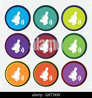 Bell  icon sign. Nine multi colored round buttons. Vector Stock Vector