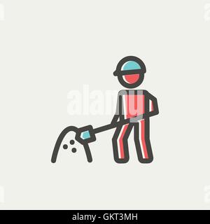 Worker with hard hat and shovel in building site thin line icon Stock Vector