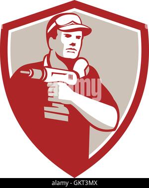 Handyman Holding Power Drill Crest Retro Stock Vector