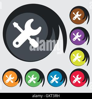 screwdriver, key, settings icon sign. Symbol on eight colored buttons. Vector Stock Vector