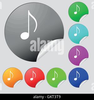musical note, music, ringtone icon sign. Set of eight multi colored round buttons, stickers. Vector Stock Vector