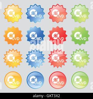 dvd icon sign. Set from fourteen multi-colored glass buttons with place for text. Vector Stock Vector