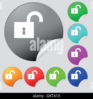 open lock icon sign. Set of eight multi colored round buttons, stickers. Vector Stock Vector