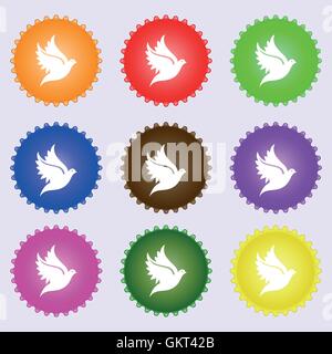 Dove icon sign. A set of nine different colored labels. Vector ...