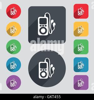 MP3 player, headphones, music icon sign. A set of 12 colored buttons and a long shadow. Flat design. Vector Stock Vector