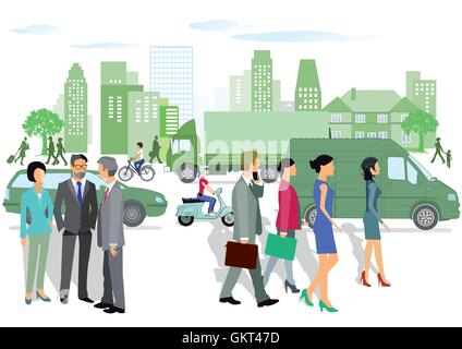 Skyline and people walking on the street Stock Vector