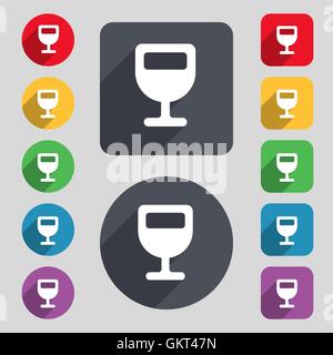 Wine glass, Alcohol drink icon sign. A set of 12 colored buttons and a long shadow. Flat design. Vector Stock Vector