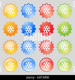 snowflake icon sign. Set from sixteen multi-colored glass buttons with place for text. Vector Stock Vector