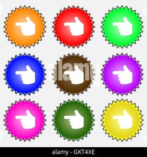pointing hand  icon sign. A set of nine different colored labels. Vector Stock Vector
