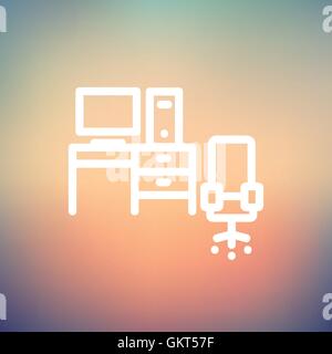 Computer set with table and chair thin line icon Stock Vector
