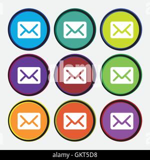 Mail, envelope, letter icon sign. Nine multi colored round buttons. Vector Stock Vector