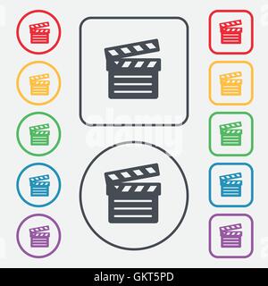 Cinema Clapper icon sign. symbol on the Round and square buttons with frame. Vector Stock Vector