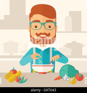 Young caucasian is eating salad for lunch in the restaurant. Stock Vector