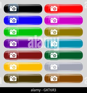 Photo Camera icon sign. Set from fourteen multi-colored glass buttons with place for text. Vector Stock Vector