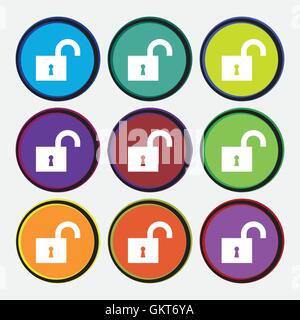 open lock icon sign. Nine multi colored round buttons. Vector Stock Vector