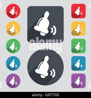 Bell  icon sign. A set of 12 colored buttons and a long shadow. Flat design. Vector Stock Vector