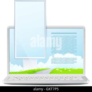 Laptop with Green Landscape and Vertical Bigboard Icolated on Wh Stock Vector