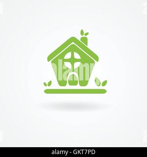 Eco house with green leaves. House logo. Ecological house icon Stock Vector