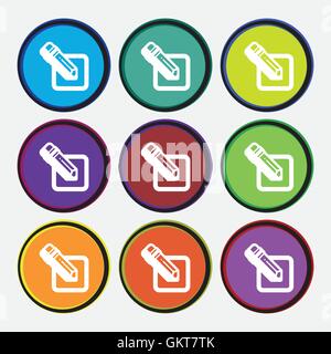 pencil icon sign. Nine multi colored round buttons. Vector Stock Vector