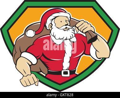 Super Santa Claus Carrying Sack Shield Cartoon Stock Vector