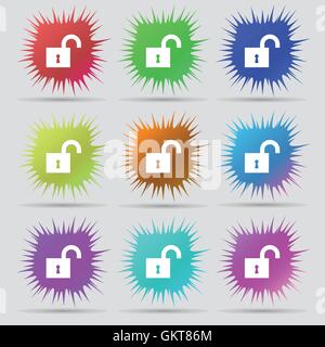 open lock icon sign. A set of nine original needle buttons. Vector Stock Vector