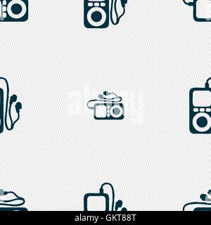 MP3 player, headphones, music icon sign. Seamless pattern with geometric texture. Vector Stock Vector
