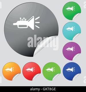 trumpet, brass instrument icon sign. Set of eight multi colored round buttons, stickers. Vector Stock Vector