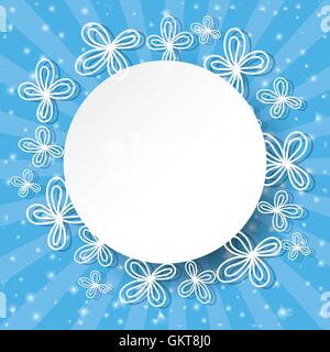 Blue rays background with abstract white flowers and place for text. Stock Vector