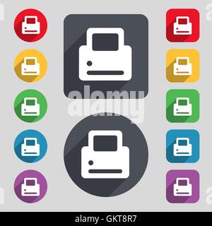 Printing icon sign. A set of 12 colored buttons and a long shadow. Flat design. Vector Stock Vector