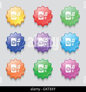 music column, disco, music, melody, speaker icon sign. symbol on nine wavy colourful buttons. Vector Stock Vector